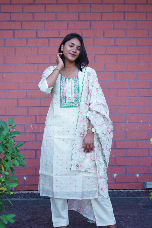 Off White Dress with Floral Prints with Dupatta and Pants