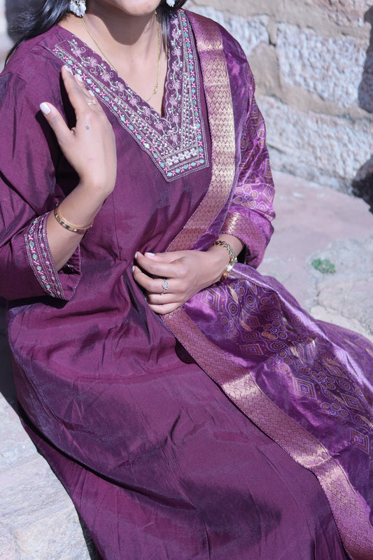 Plain Purple Anarkali with Pant & Dupatta