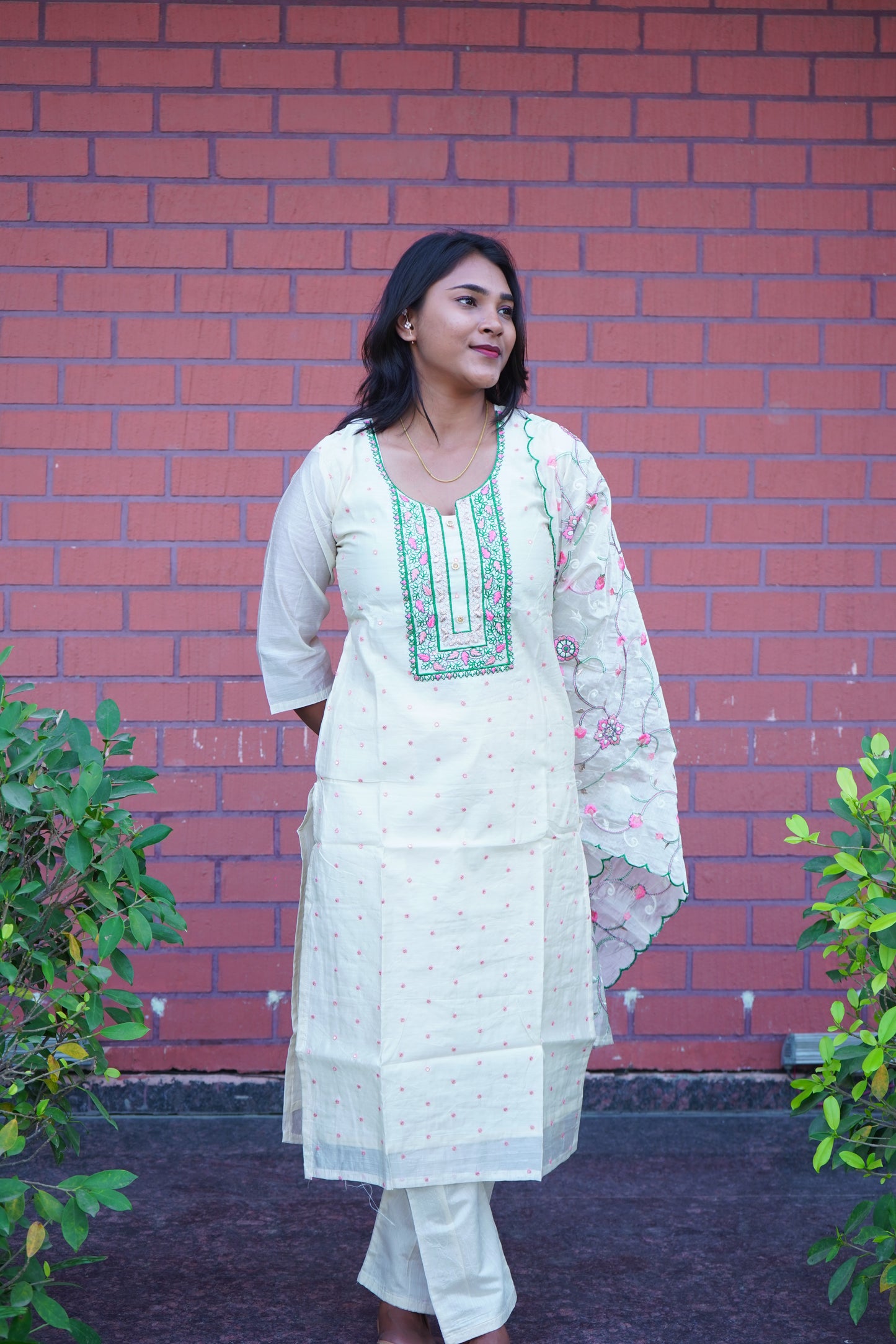 Off White Dress with Floral Prints with Duppata and Pants.