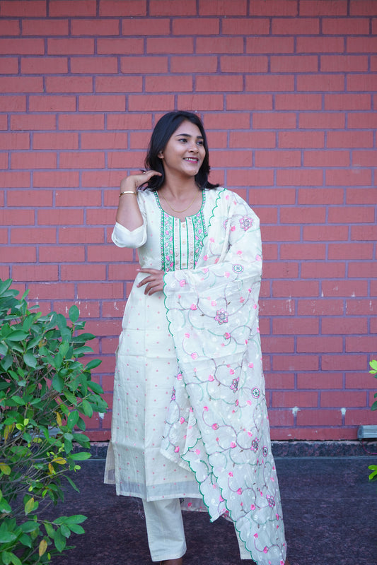 Off White Dress with Floral Prints with Duppata and Pants.