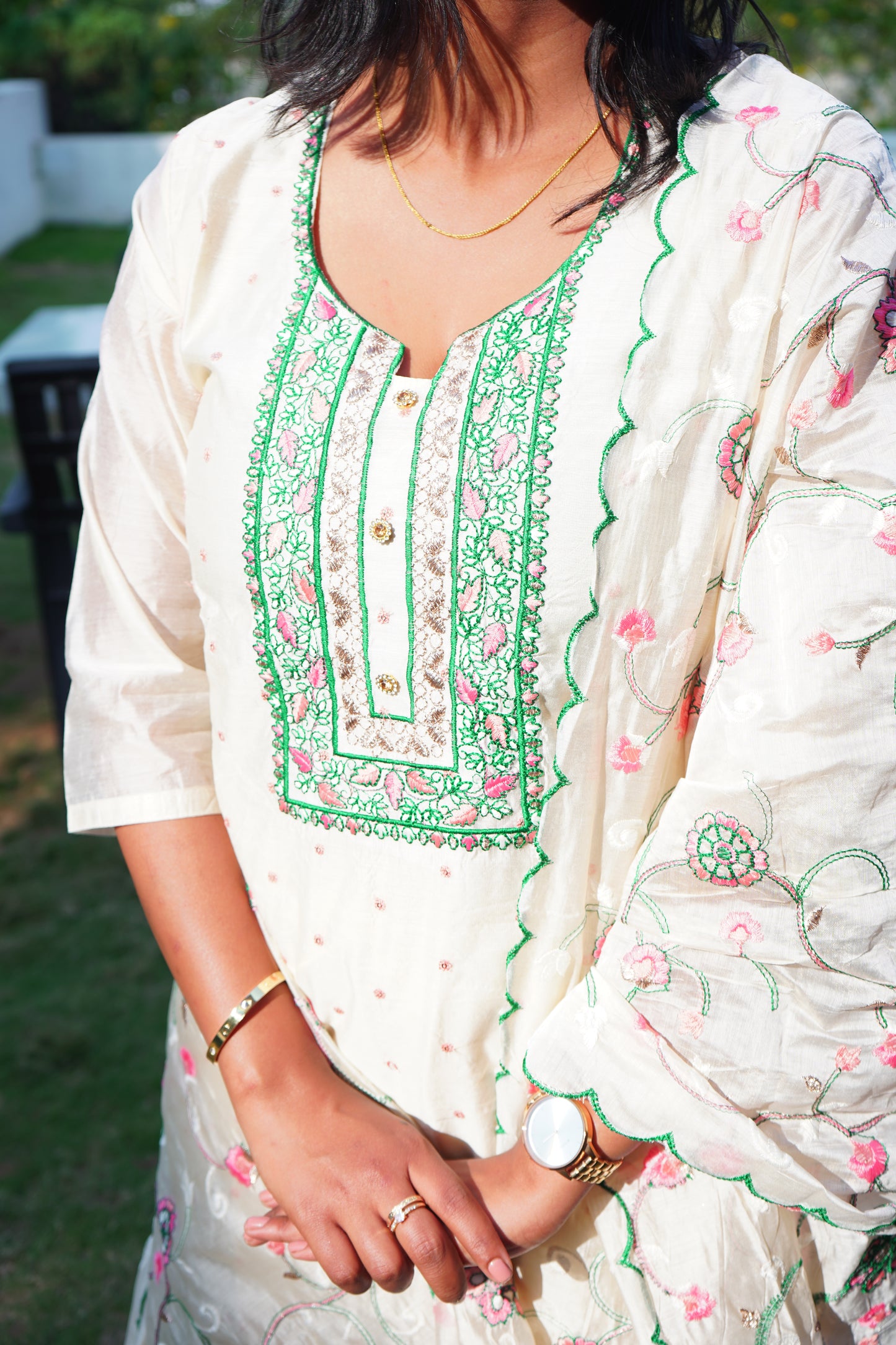 Off White Dress with Floral Prints with Duppata and Pants.