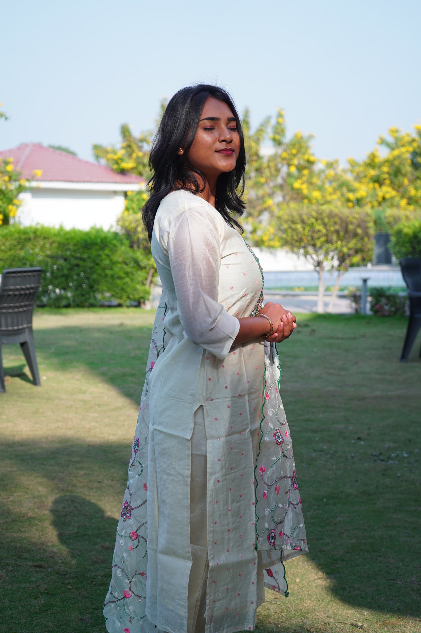 Off White Dress with Floral Prints with Duppata and Pants.