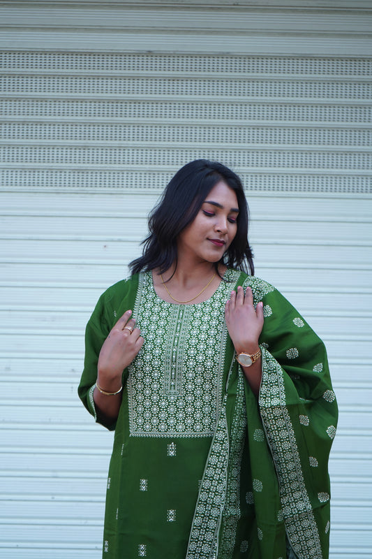 Olive Green Kurta Set with Dupatta and Pants