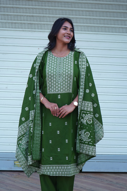Olive Kurta Set with Duppatta and Pants