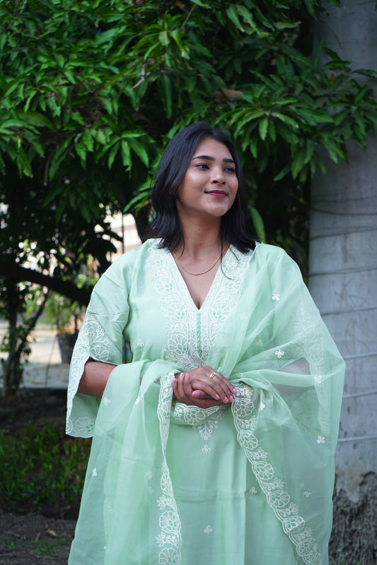 Green Kurta set with Dupatta and Pants