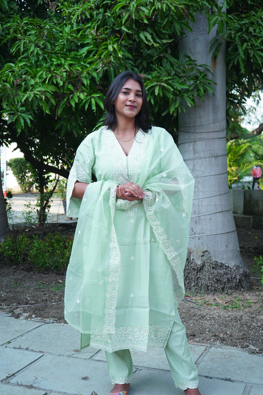 Green Kurta set with Duppatta and Pants