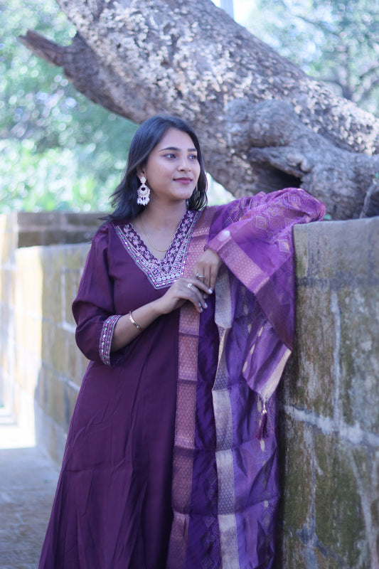 Plain Purple Anarkali with Pant & Dupatta