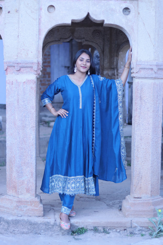 Royal Blue Emroidered Anarkali with Dupatta & Pants