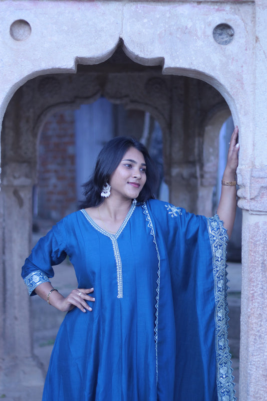 Royal Blue Emroidered Anarkali with Dupatta & Pants