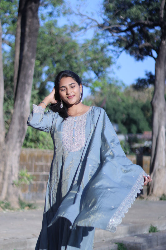 Grey Anarkali Embroidery with Pant and Dupatta